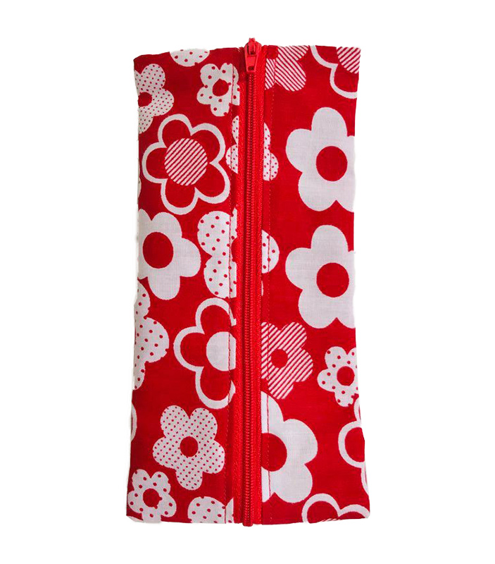 Elasticated pencil holder with red floral fabric — handmade notebook strap pencil case gift by Vicki Evans