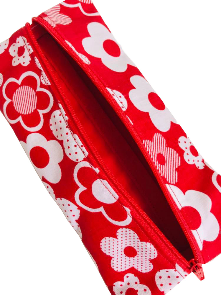 Handmade elasticated pencil case with red flowers — fabric notebook holder by Vicki Evans