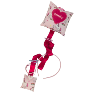 Personalised hair accessory hanging — handmade fabric cushion with hoops by Vicki Evans