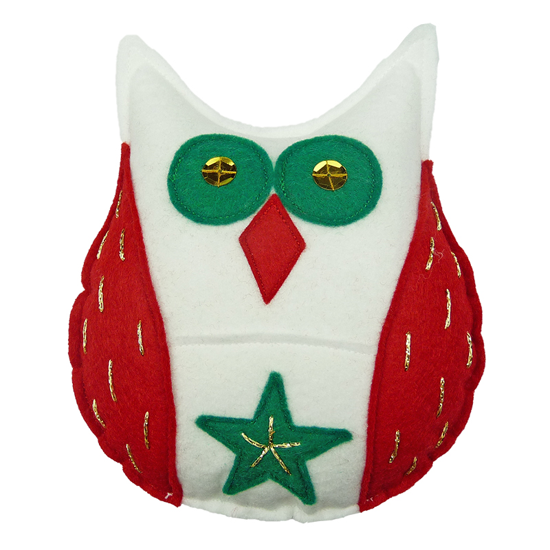Owl Christmas tree topper in green and red — handmade felt decoration by Vicki Evans