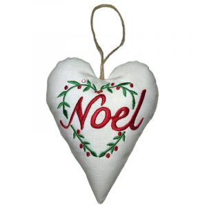 Handmade embroidered Noel heart wreath — padded Christmas decoration by Vicki Evans