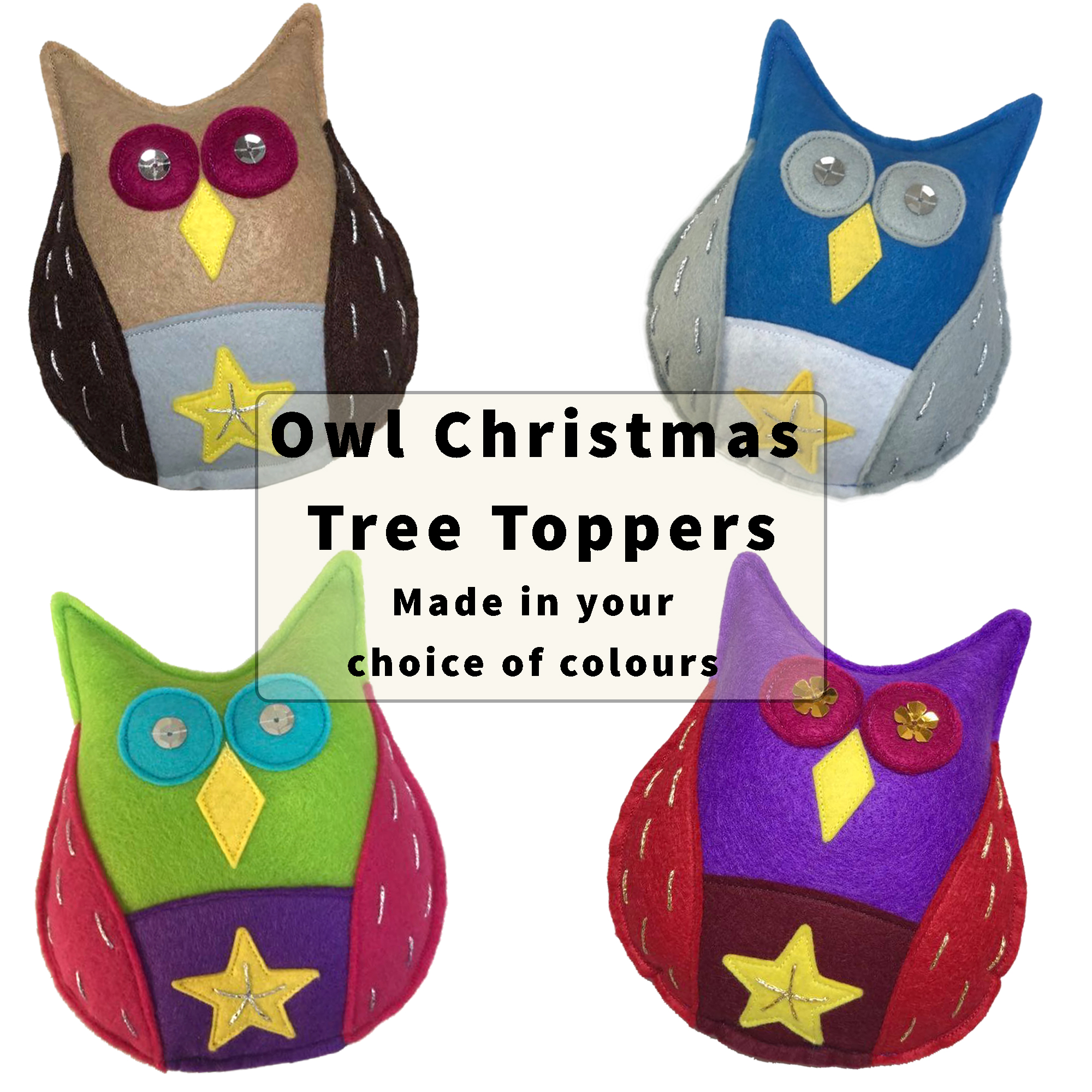 Handmade owl Christmas tree topper — colourful felt owl decoration by Vicki Evans