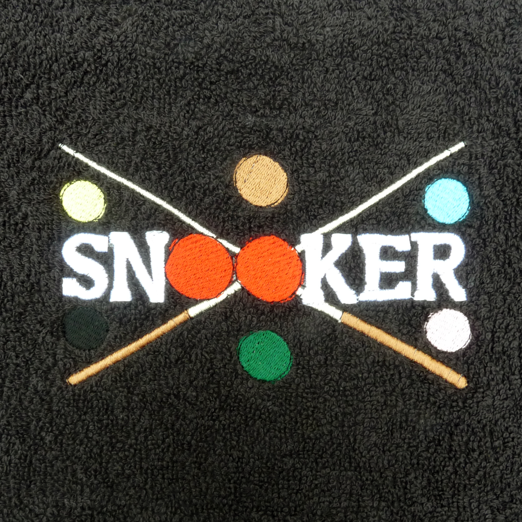 Embroidered snooker design cue towel – cross cue embroidery by Vicki Evans