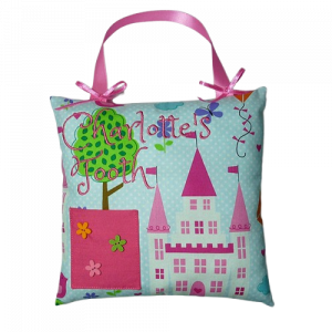 Personalised tooth fairy cushion handmade for girls — embroidered name and tooth pocket by Vicki Evans