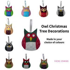 Handmade owl Christmas tree decorations — colourful felt owl ornaments by Vicki Evans