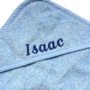 Blue personalised hooded baby towel โ embroidered name gift for baby boy by Vicki Evans