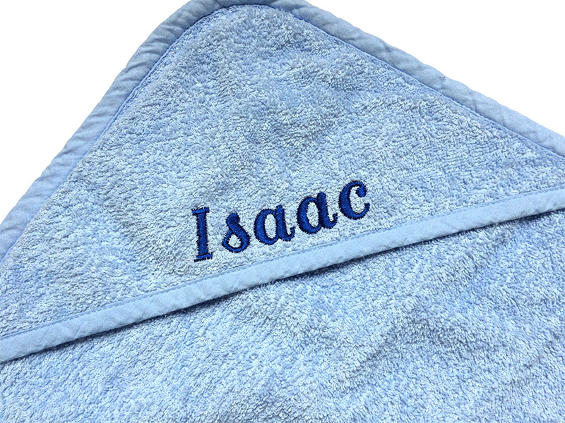 Blue personalised hooded baby towel — embroidered name gift for baby boy by Vicki Evans