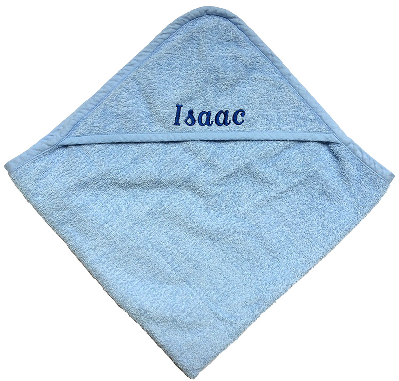 Blue personalised hooded baby towel — embroidered name gift for baby boy by Vicki Evans